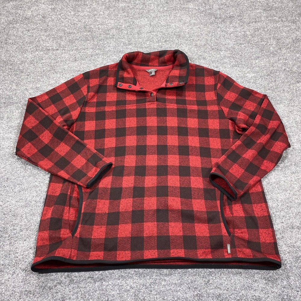 Eddie Bauer Sweater Womens 2XL Red Plaid Fleece Pullover Mock Neck Pockets